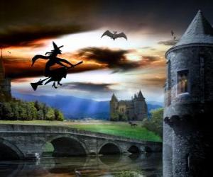 yapboz Halloween gecesi cadı onu sihirli süpürge üzerinde uçan kale Enchanted